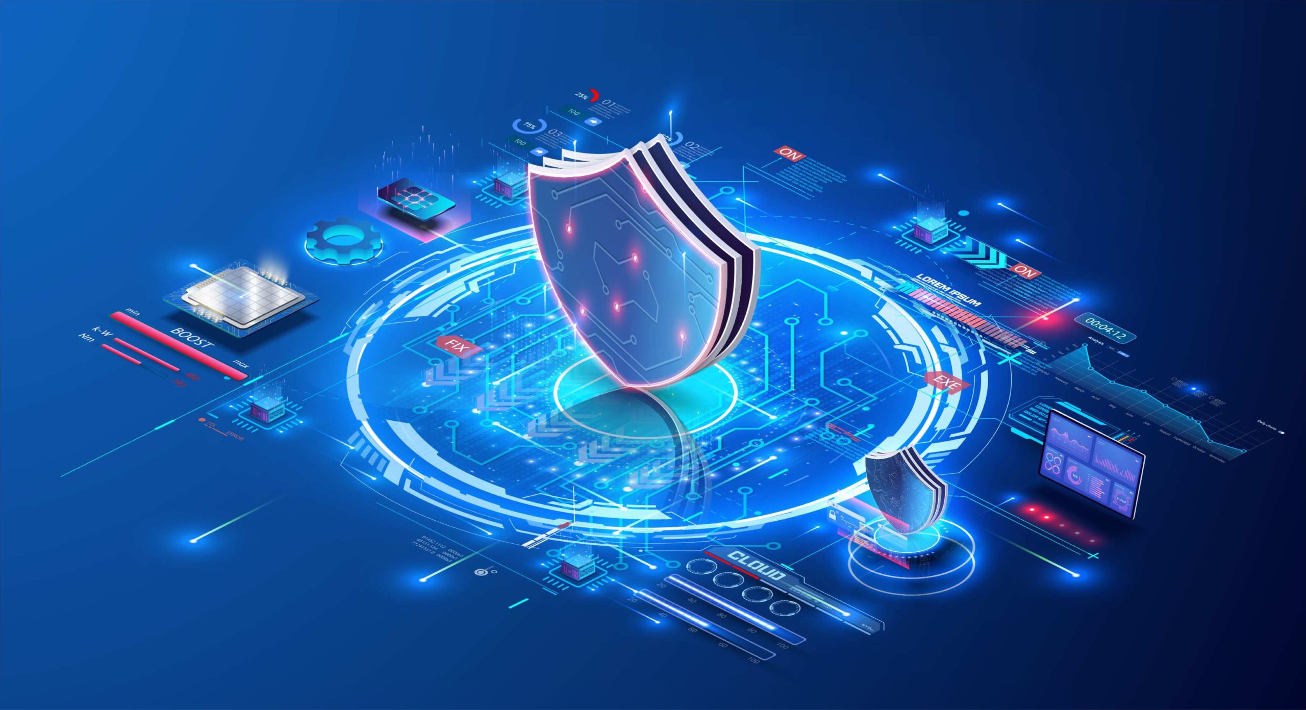 Illustration numérique de cybersécurité avec bouclier de protection et réseau sécurisé.