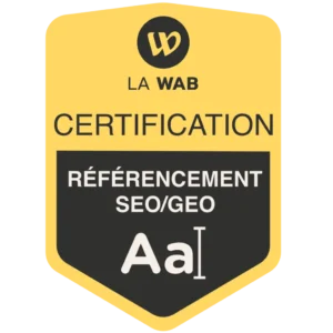 Badge GEO SEO illustrant l'expertise en référencement local et visibilité géolocalisée.
