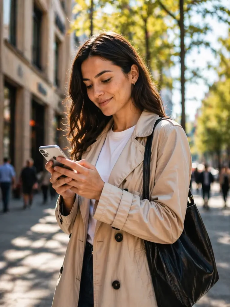 Une femme utilisant son smartphone dans une rue de Dijon pour consulter une landing page mobile-first optimisée par l'agence SEA YOQO.