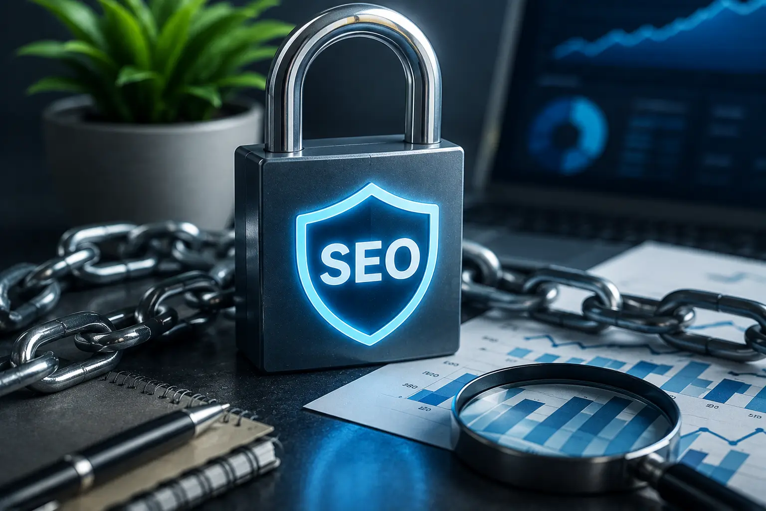 Cadenas et bouclier illustrant la sécurisation d'un site web et l'optimisation SEO.