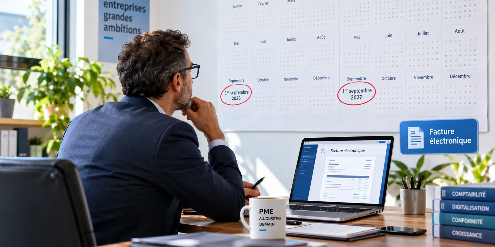 Dirigeant de PME devant un calendrier mural avec deux dates entourées, septembre 2026 et septembre 2027, et une facture