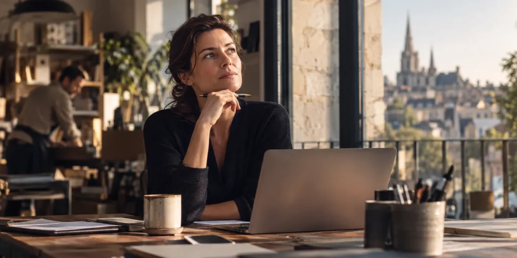 Femme pensive, un stylo à la main, assise devant son ordinateur portable dans un atelier lumineux avec vue sur une ville