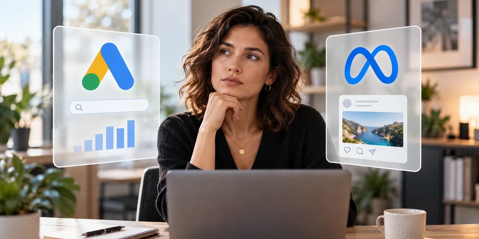 Une dirigeante pensive devant son ordinateur hésite entre la publicité Google Ads et Meta Ads, représentées de chaque côté