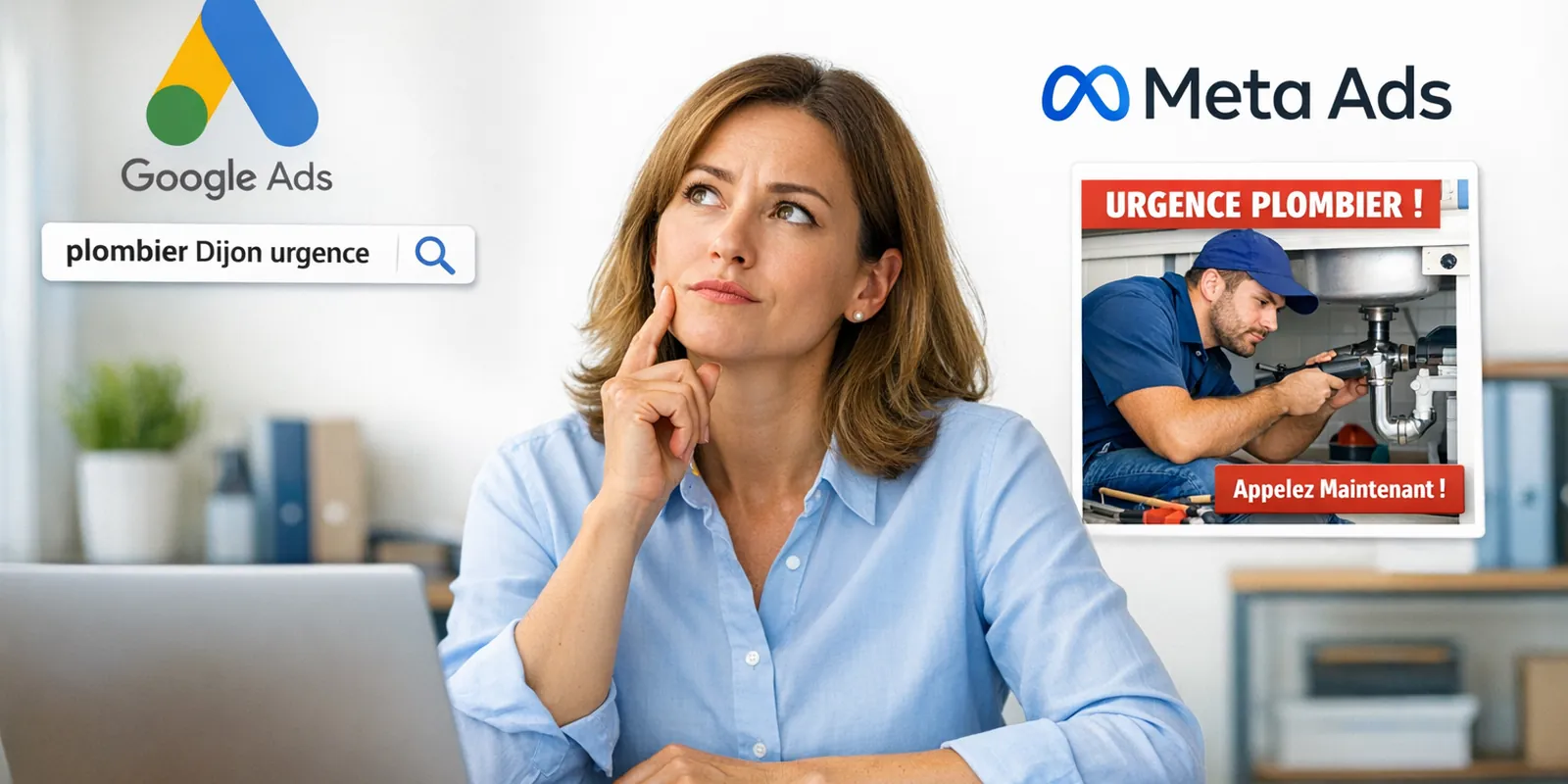 Dirigeante de PME devant son ordinateur, hésitant entre les logos Google Ads et Meta Ads affichés de chaque côté de l'écran