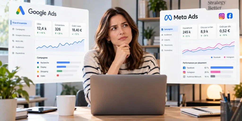 Dirigeante de PME perplexe devant son ordinateur, entre les tableaux de bord Google Ads et Meta Ads de ses campagnes