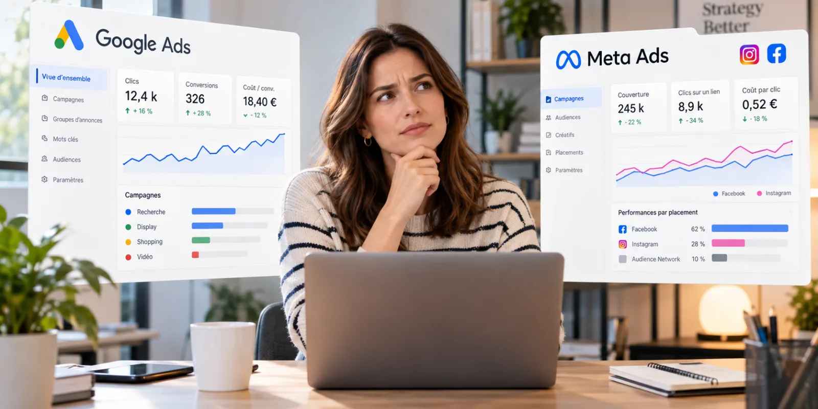 Dirigeante de PME perplexe devant son ordinateur, entre les tableaux de bord Google Ads et Meta Ads de ses campagnes