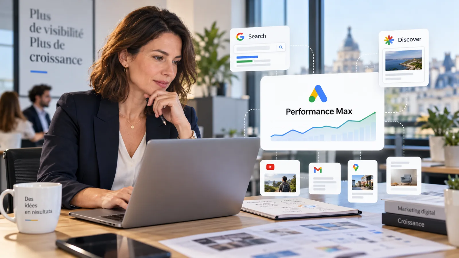 Dirigeante de PME analysant une campagne Google Ads Performance Max sur son ordinateur portable, entourée des canaux Search, YouTube, Gmail, Maps et Discover