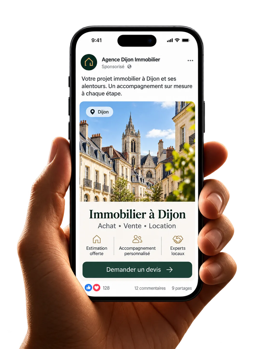 Smartphone affichant une publicité Facebook sponsorisée pour une agence immobilière à Dijon, avec un bouton « Demander un devis »