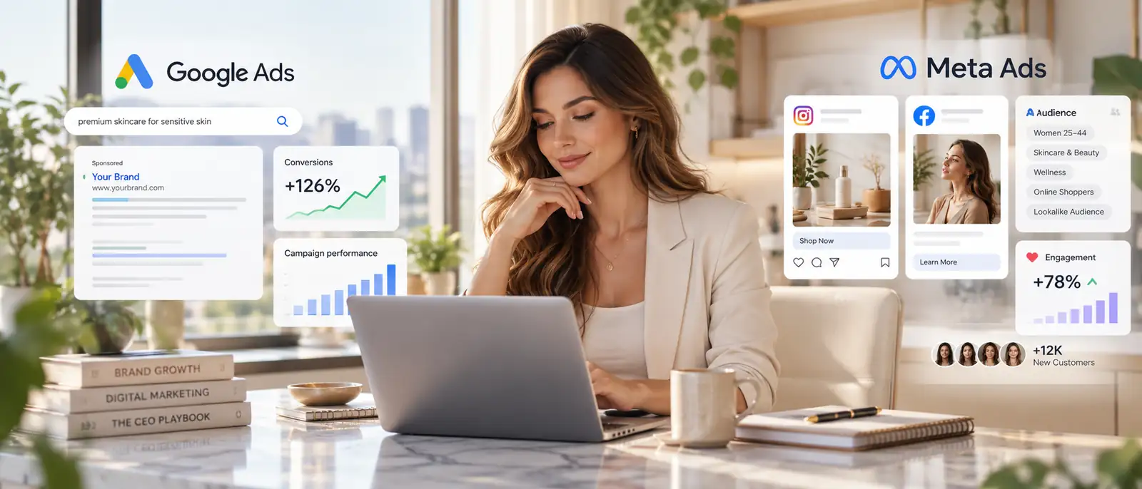 Dirigeante de PME suivant ses campagnes de retargeting Google Ads et Meta Ads sur son ordinateur